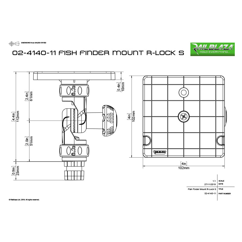 Railblaza Fish Finder Mount R-Lock S - Dimensional Drawing