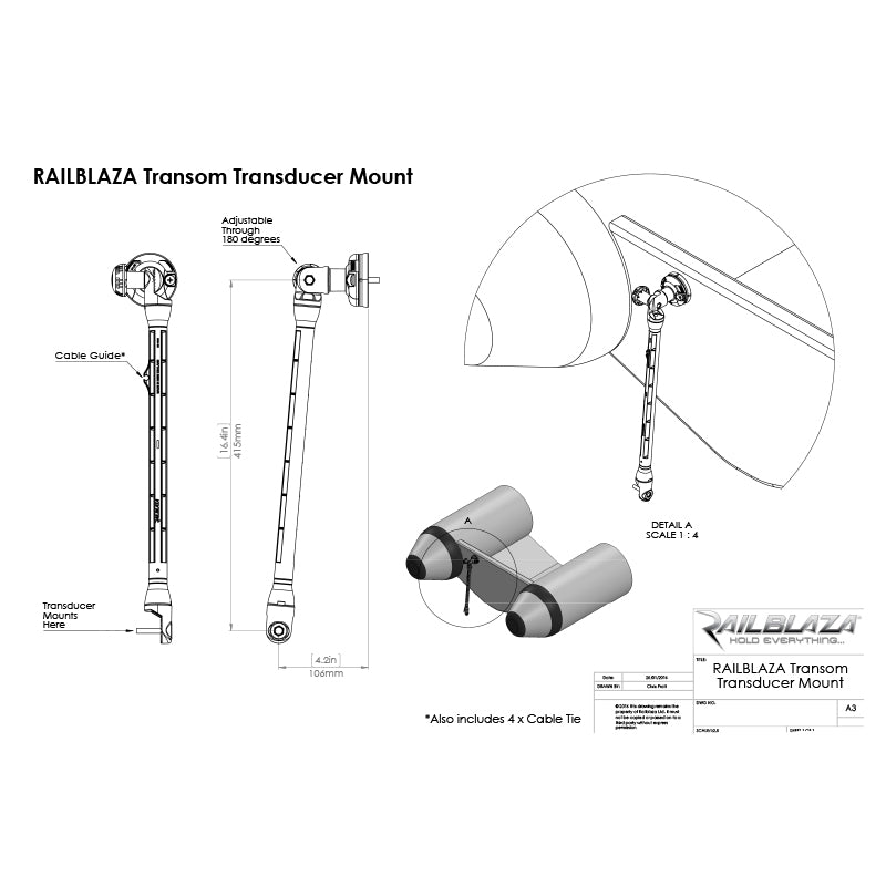 Railblaza Kayak &#38; Dinghy Transducer Arm XL - Dimensions