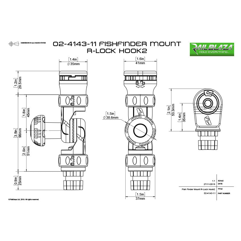 Railblaza Fish Finder Mount R-Lock Hook 2 - Dimensional drawing