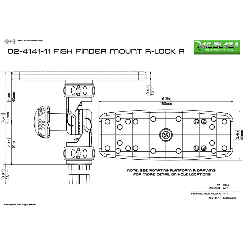 Railblaza Fish Finder Mount R-Lock R - Dimensional Drawing