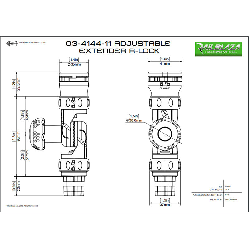 Railblaza Extender R-lock - Dimensional drawing