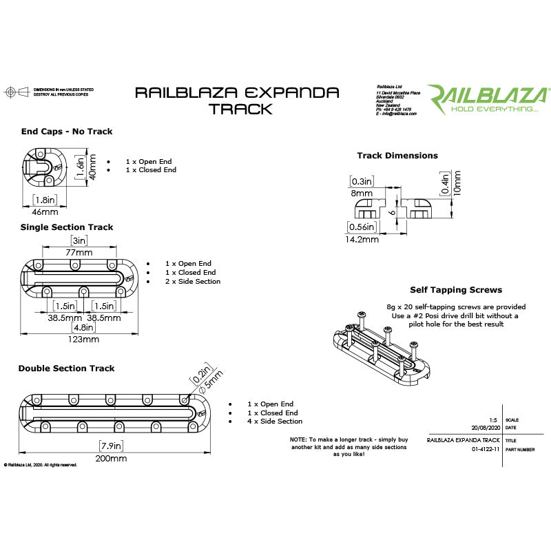 Railblaza ExpandaTrac Modular Kayak Track - Dimensions