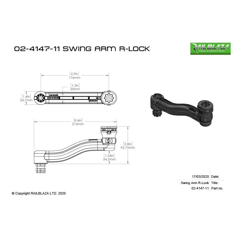 Railblaza Swing Arm R-Lock - Dimensions