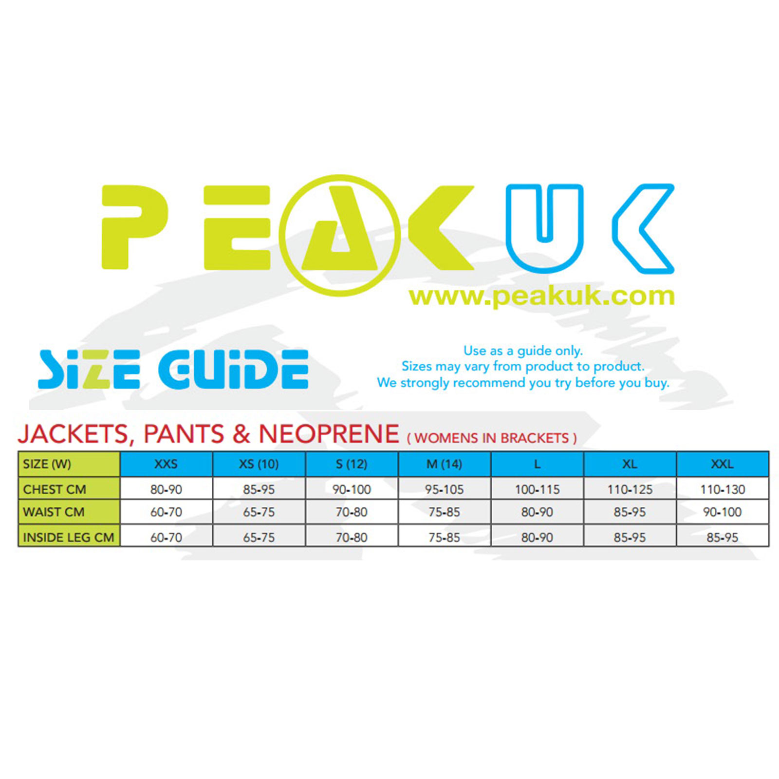 Peak Uk Size Chart