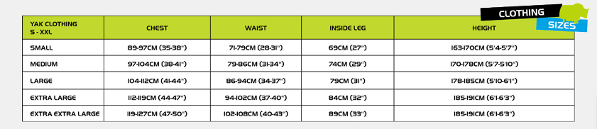 yak size chart