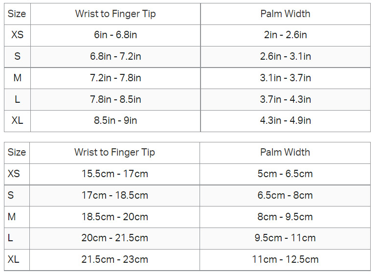 Zone3 Neoprene glove sizing